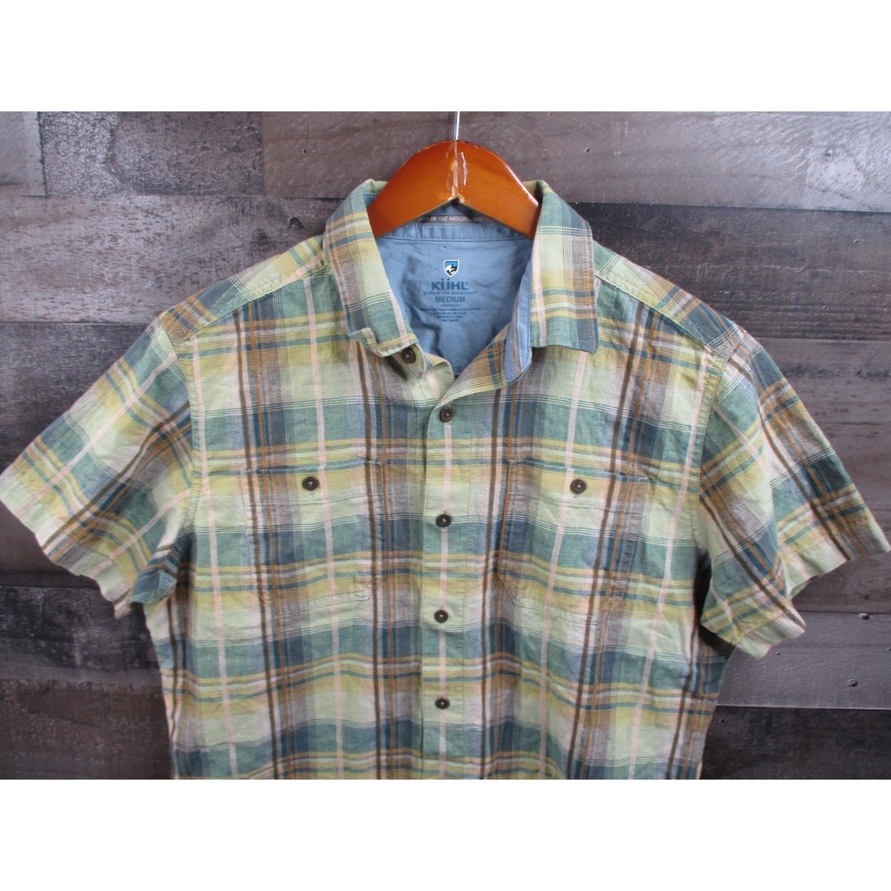 KUHL Skorpio Shirt Mens Medium Green Plaid Short Sleeve Linen Cotton Slim Fit